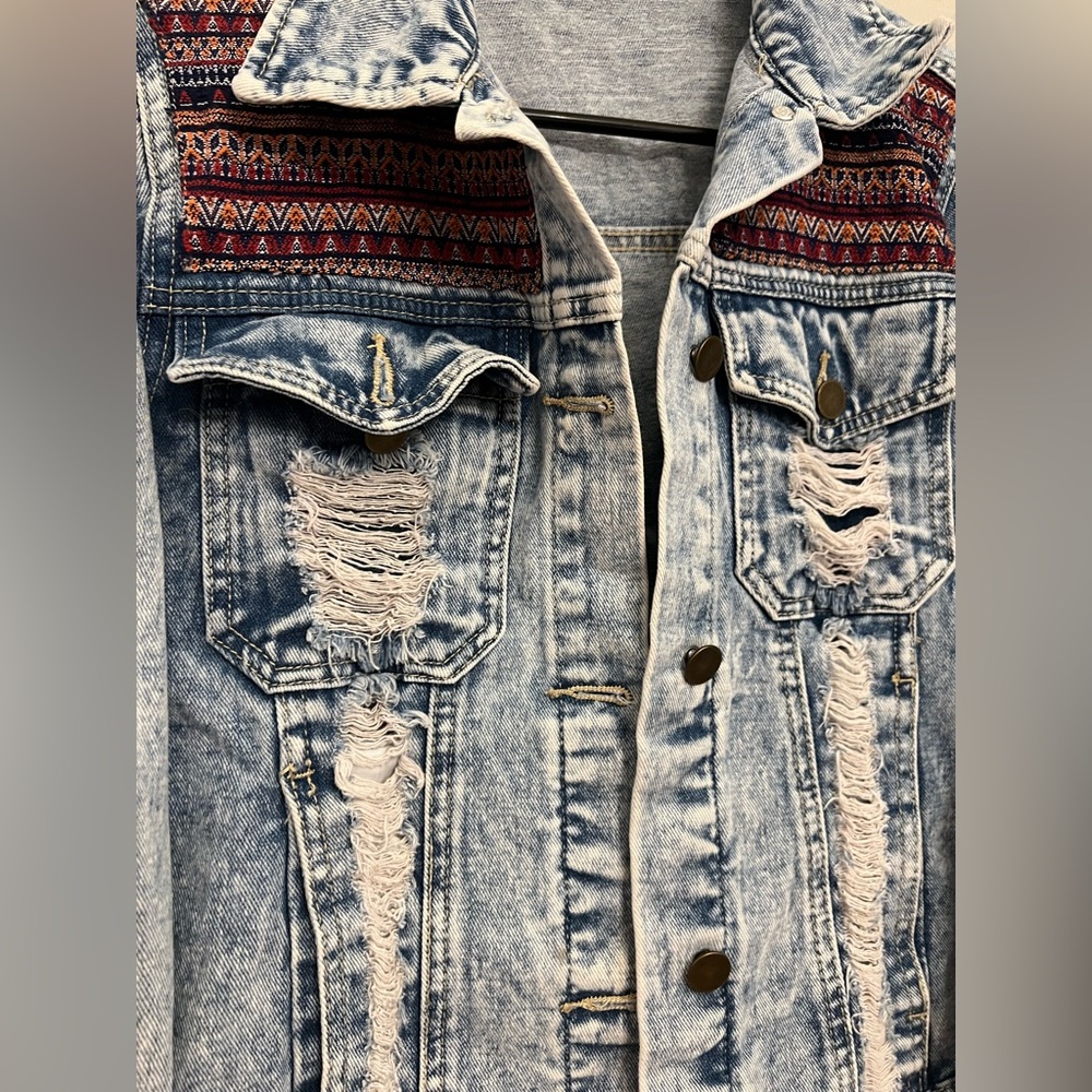 Patchwork Distressed Denim Jacket Size Small - Picture 2 of 5